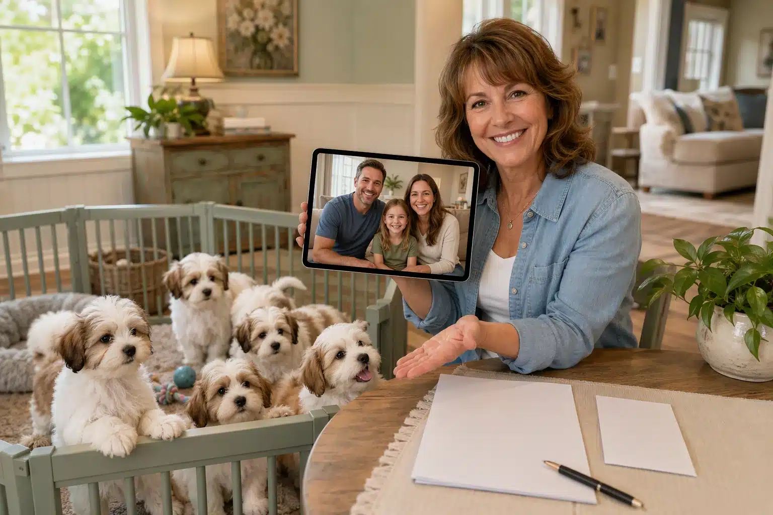 Video call with breeder and playful Havanese puppies