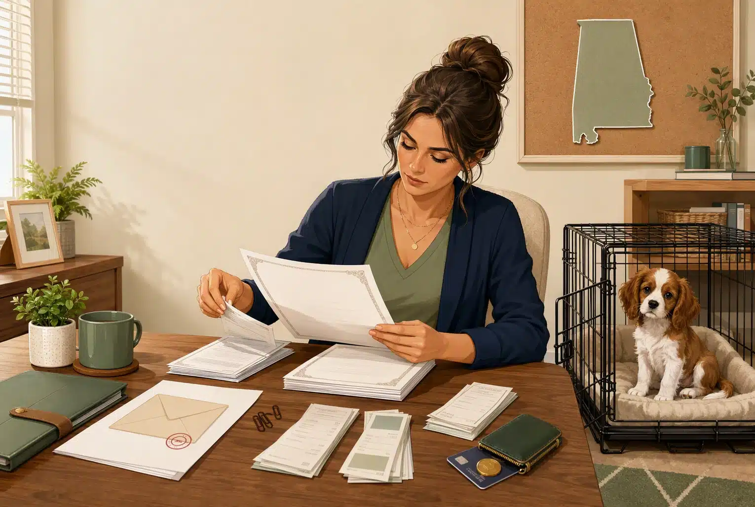 Buyer reviewing contract documents and payment records near a puppy crate