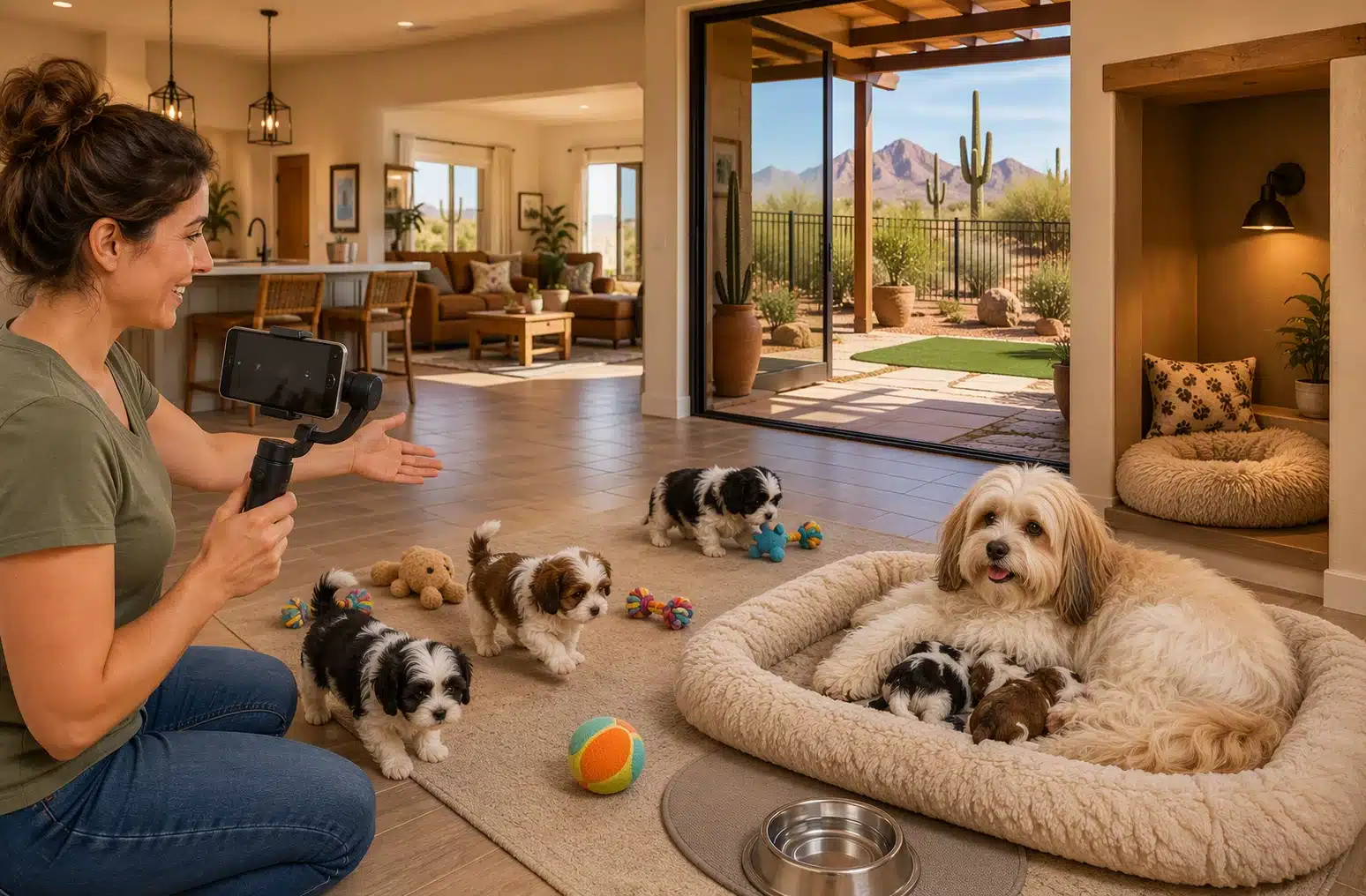 Woman filming puppies with a gimbal in a modern home with large windows overlooking a desert landscape. Several fluffy puppies play on a rug, while a mother dog rests in a plush bed. Evaluating Arizona puppy breeders virtually.
