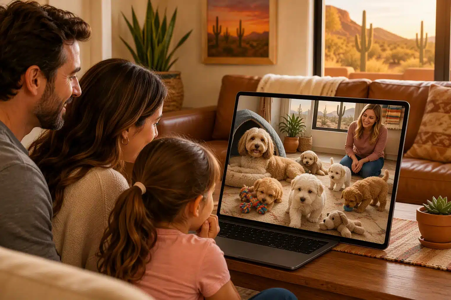 Virtual call shows Havapoo parents and playful litter