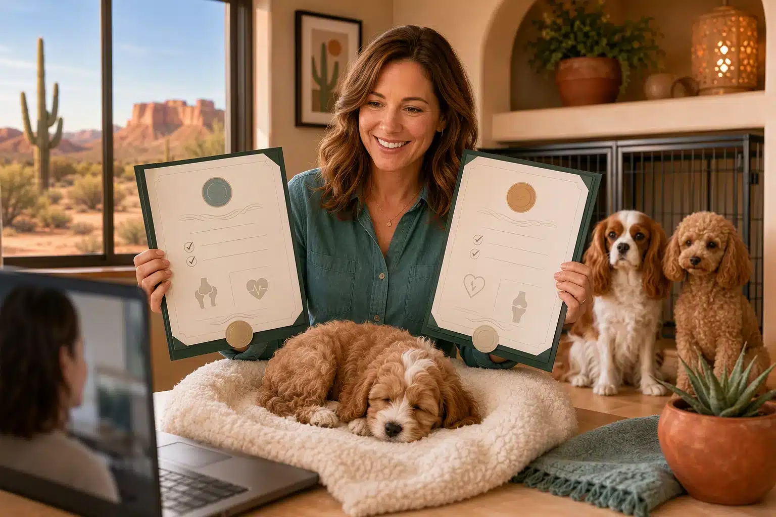 Breeder reviewing parent health records beside sleeping Cavapoo puppy