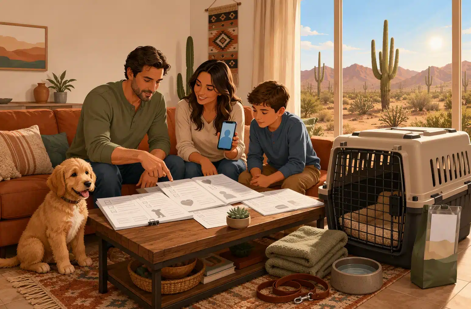 Family reviewing puppy handoff documents by travel crate