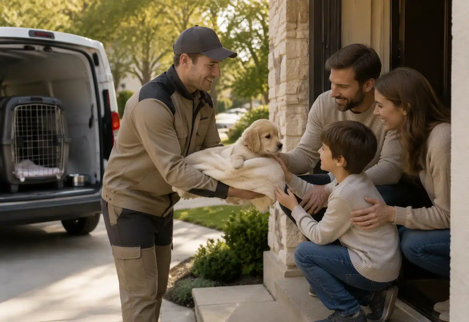 Family welcomes puppy at home doorstep after regulated delivery