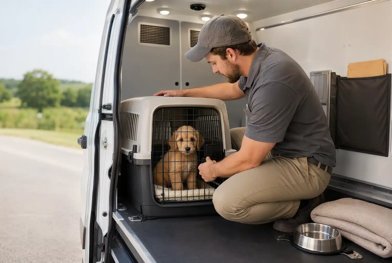 Transporter inspecting climate-controlled crate with puppy inside