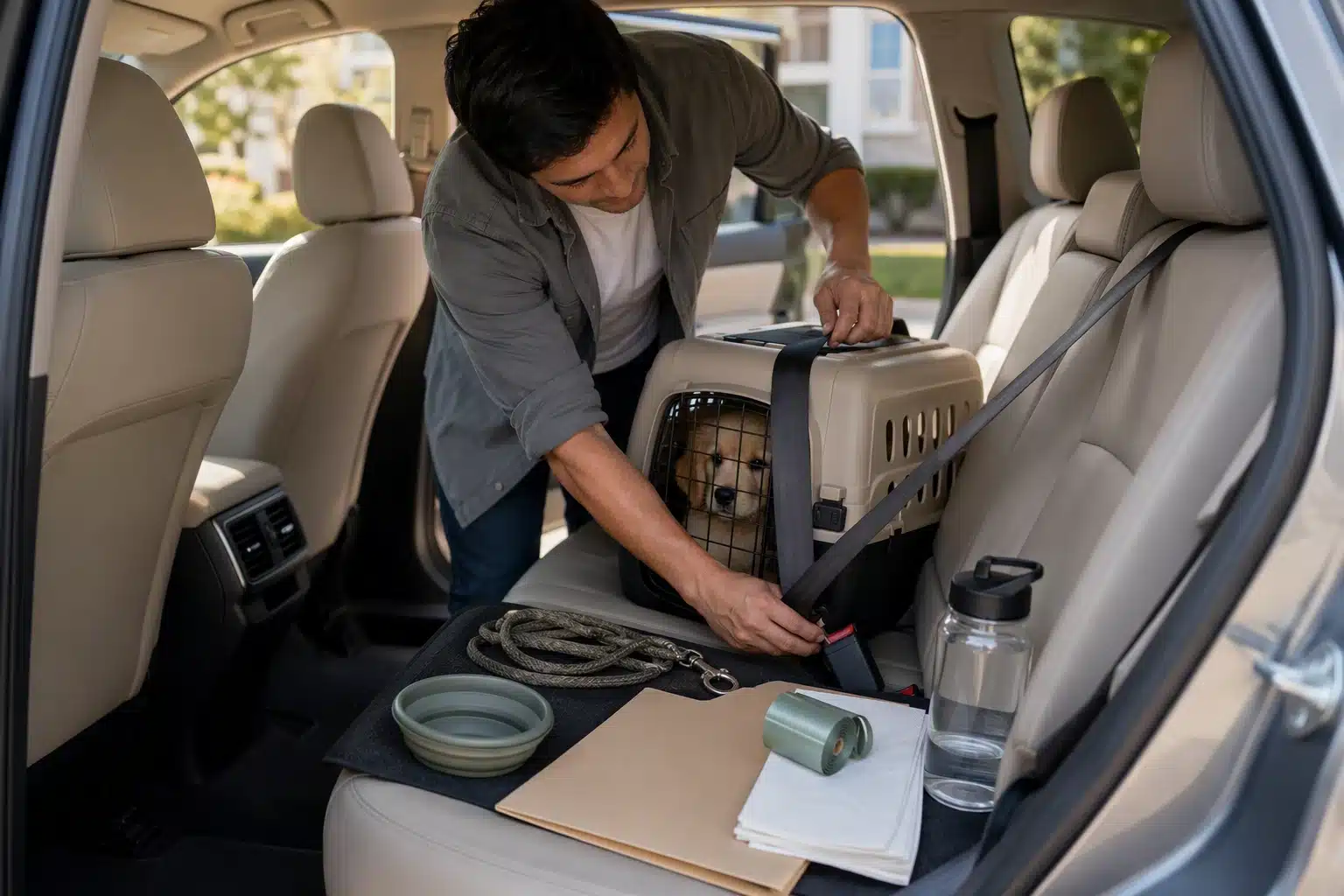 Securing a puppy carrier on a car seat