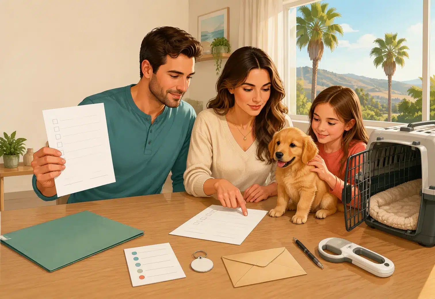 Family examines puppy sale contract beside travel crate