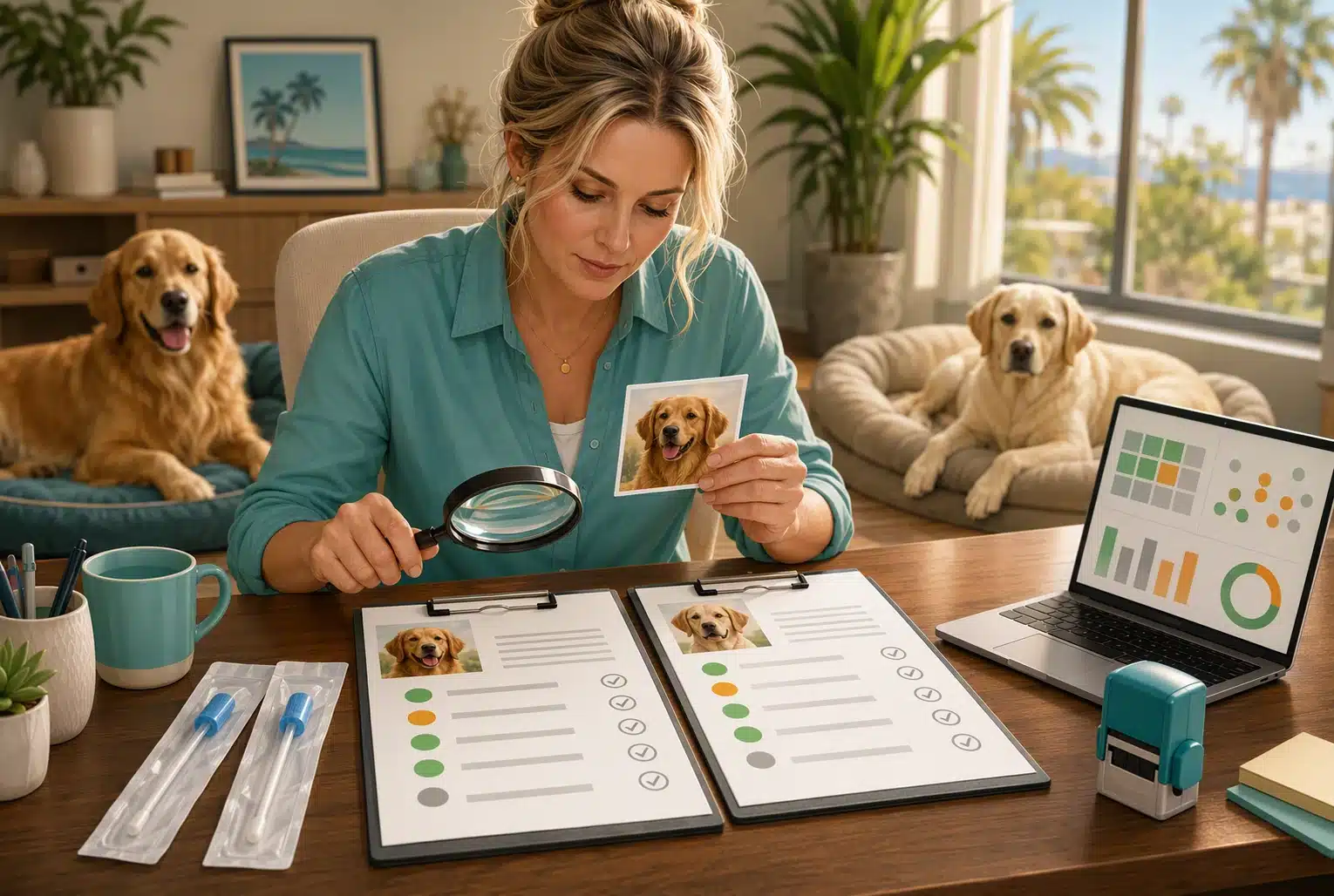 Breeder reviews DNA reports and swab kits in home office