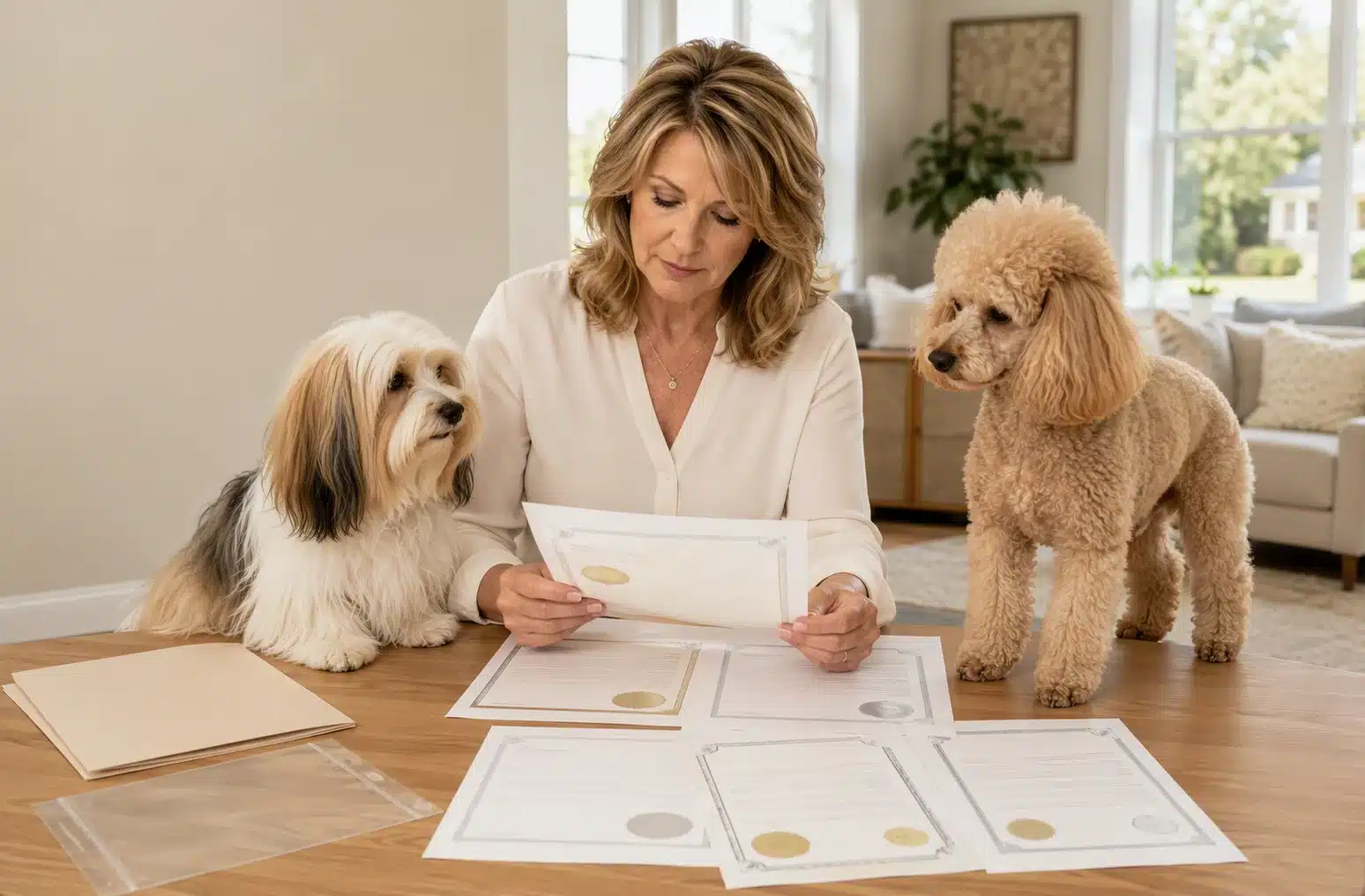 Breeder reviews health records with Havanese and Poodle