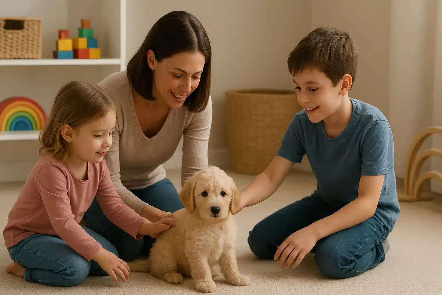 A smiling mother and her two young children, a boy and a girl, joyfully pet a fluffy golden doodle puppy in a bright, cozy home. This scene depicts families with children interacting with a doodle puppy, relevant for New Jersey doodle breeders.