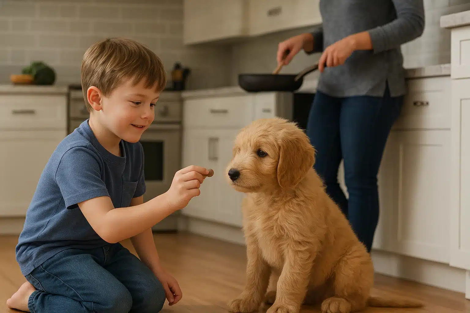 Child shares treat with curious doodle puppy in sunlit kitchen