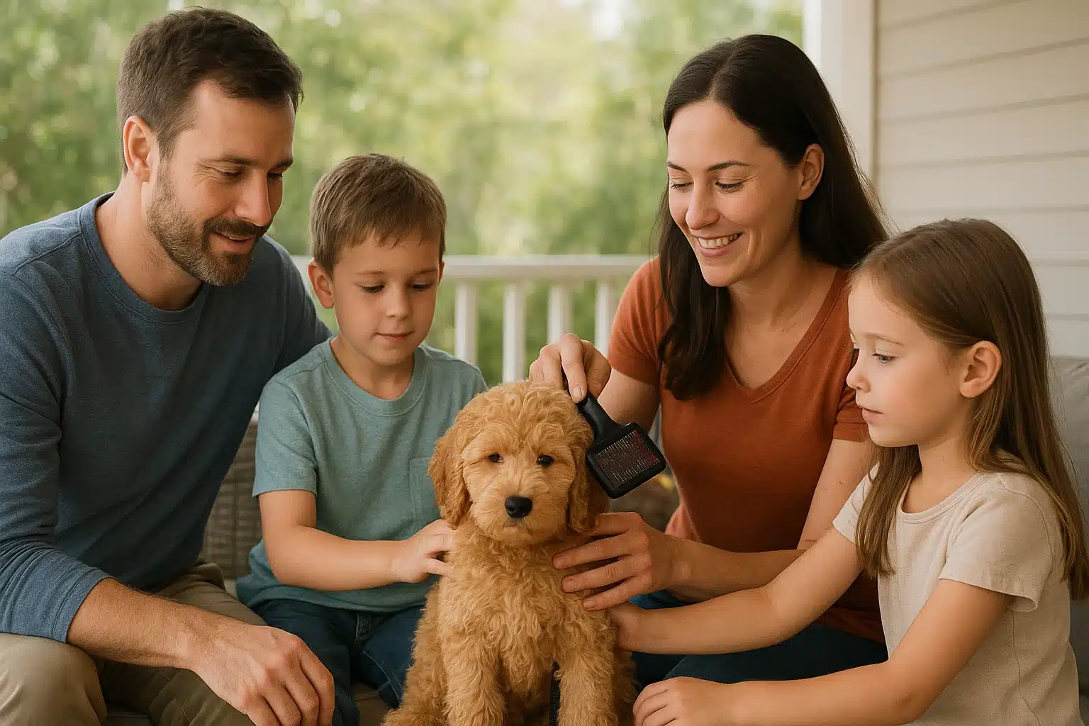 Family grooming curly-coated puppy outdoors