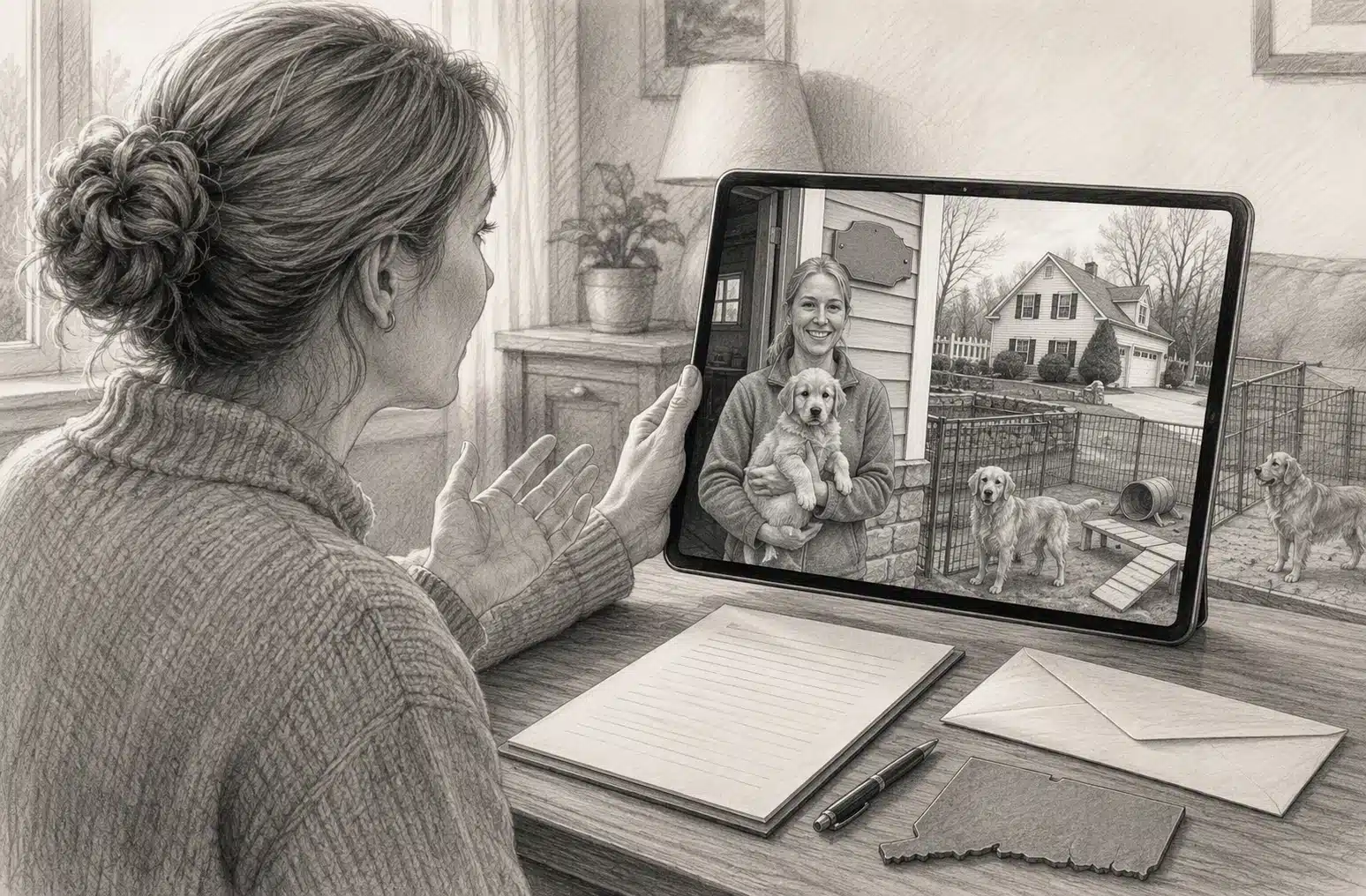Woman on a video call with a Connecticut puppy breeder, discussing golden retriever puppies and a house, emphasizing verification for potential buyers.