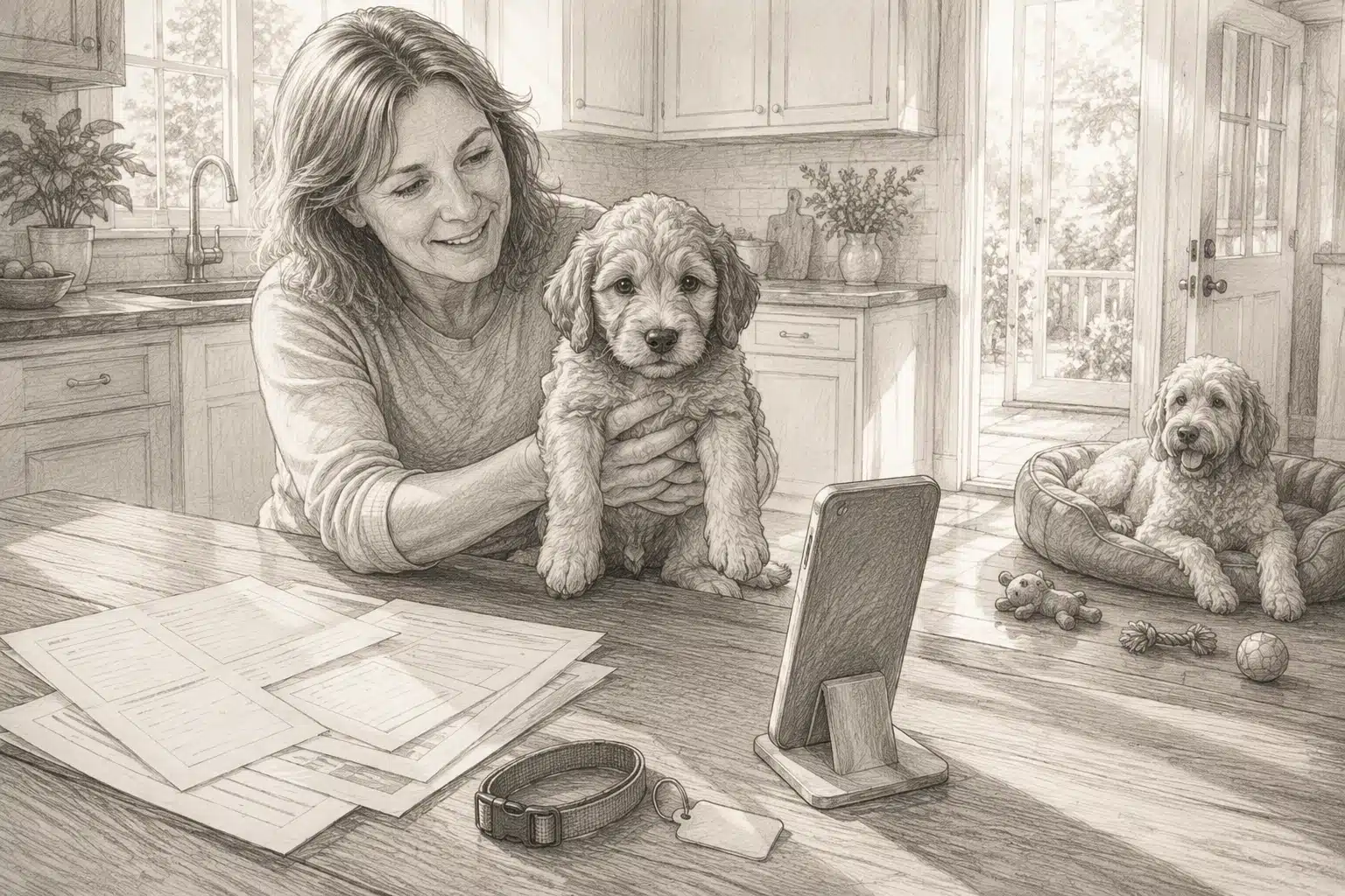 Breeder holds puppy near health records during video call