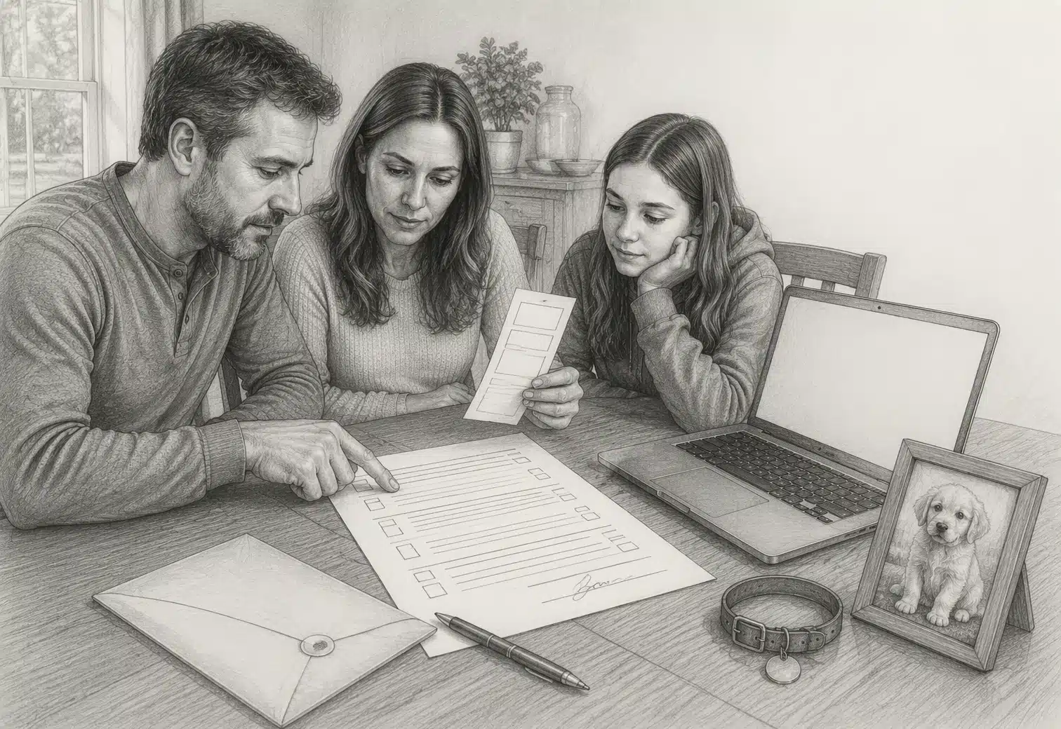 Family reviewing puppy contract details at dining table