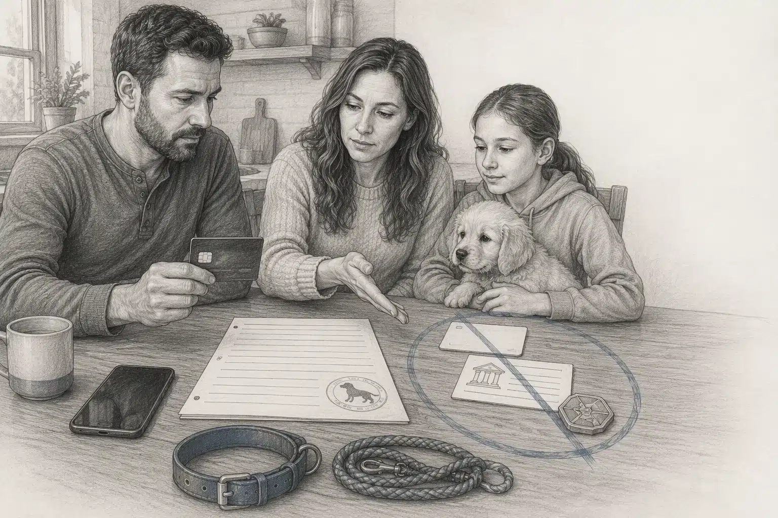 Family reviewing payment options beside puppy paperwork