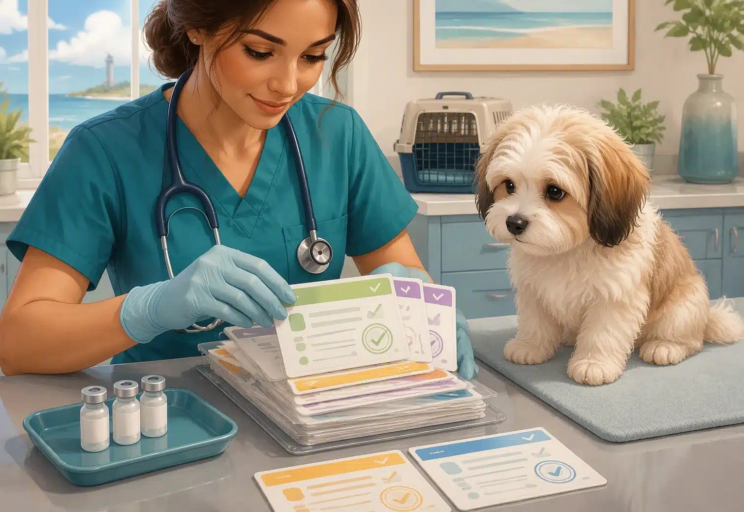 Veterinarian reviewing puppy health records beside a Havanese
