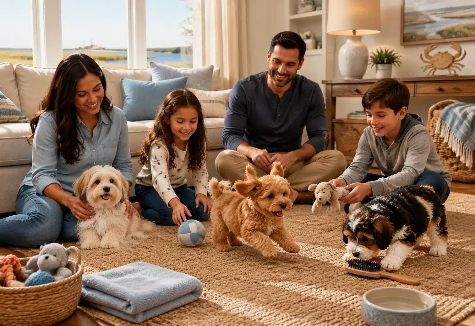 Family enjoys playful Havanese Havapoo and Cavapoo puppies indoors
