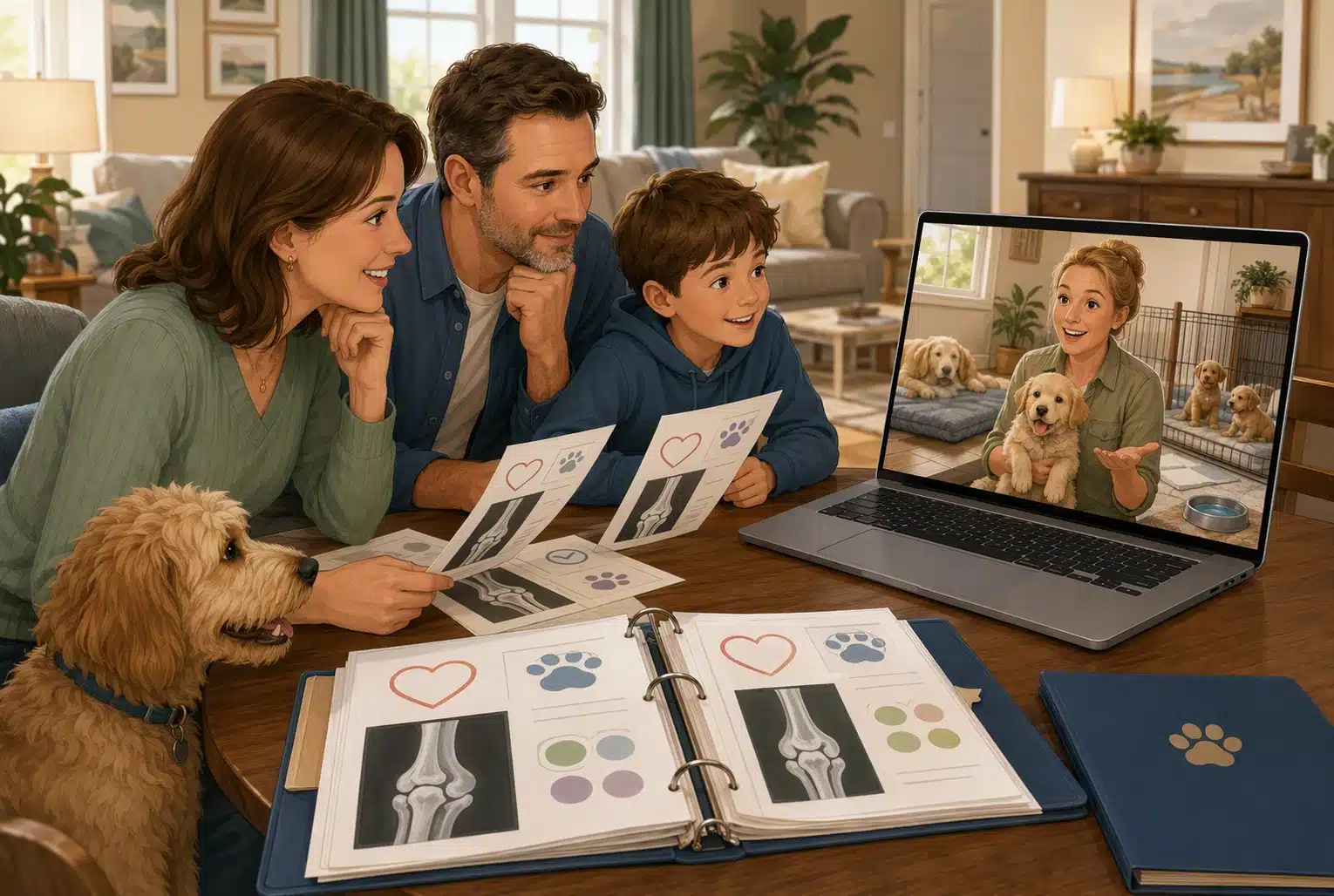 Family reviews puppy health records during a video call with a breeder