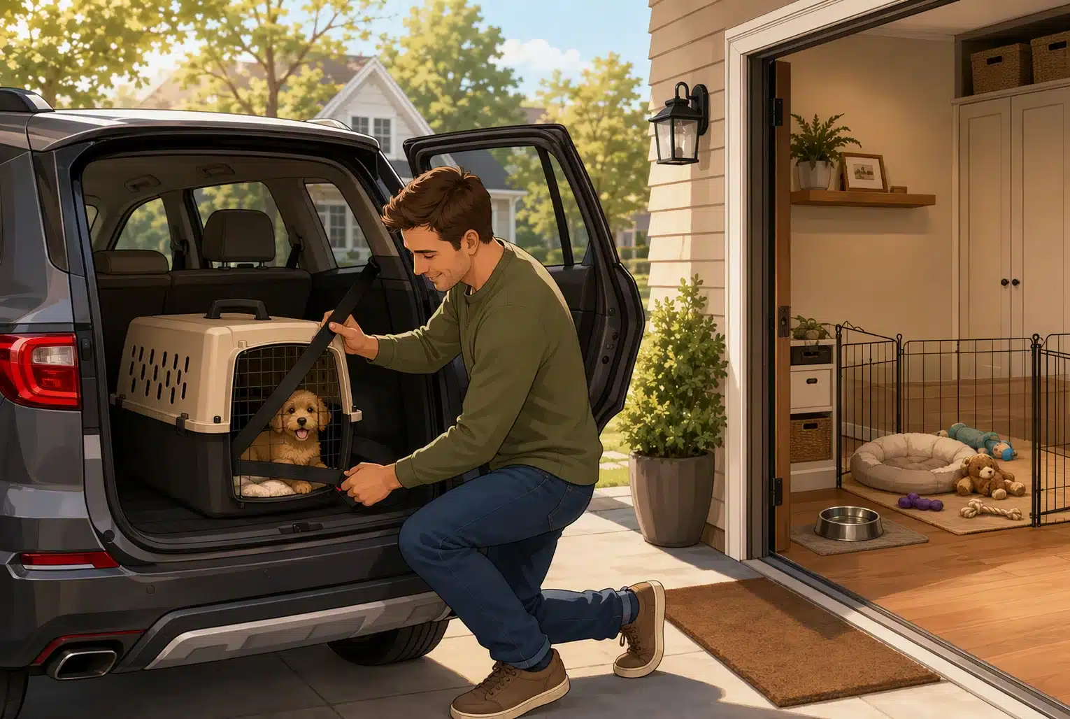 Parent secures puppy carrier in SUV before adoption trip