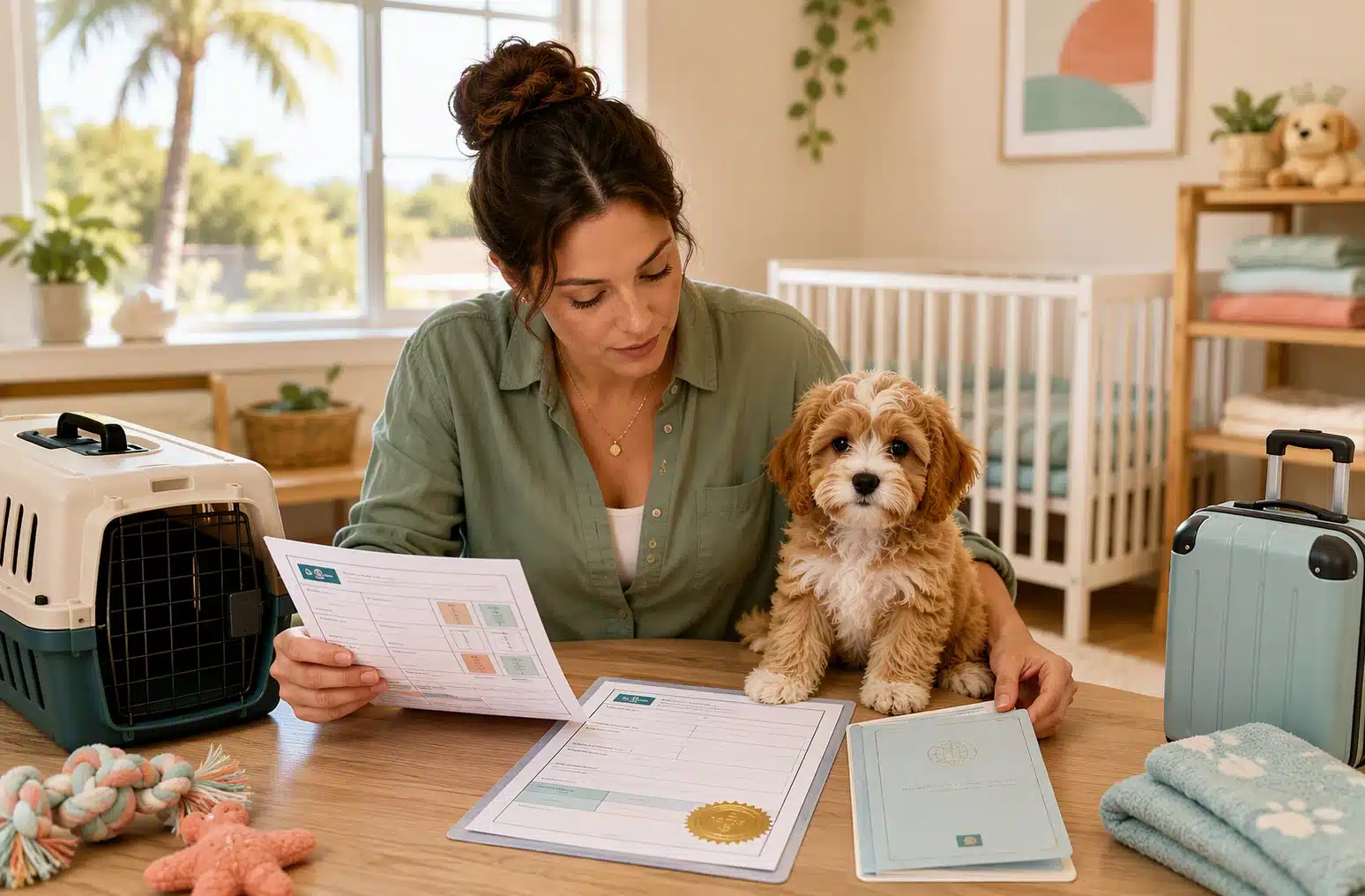 Breeder checks dated health records near Cavapoo puppy