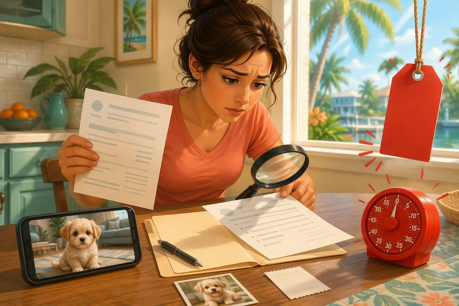 Parent scrutinizes suspicious puppy listing details at kitchen table