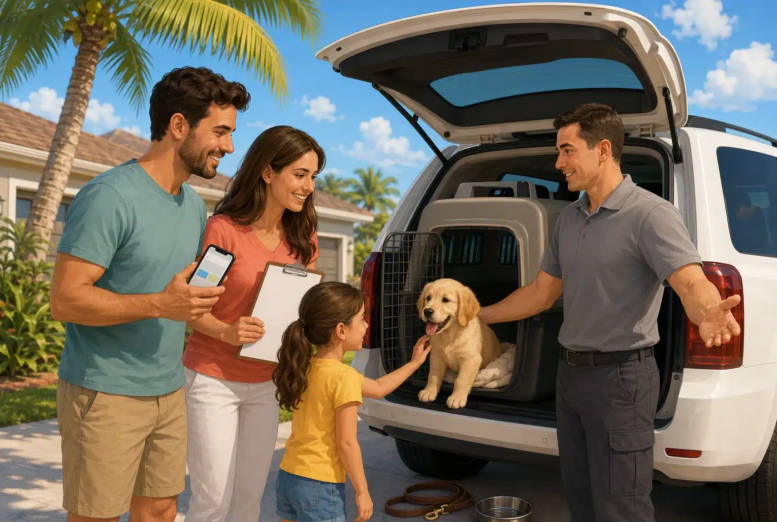 Florida family meets puppy transporter at pickup location