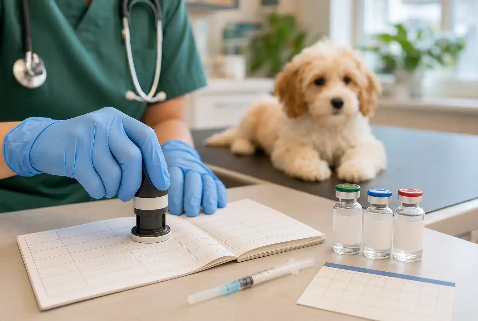 Veterinarian verifying puppy vaccine details beside labeled vials