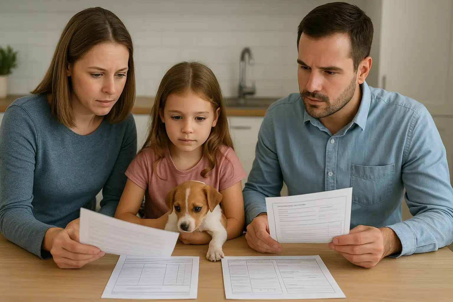 A concerned family, a mother, father, and young daughter, sit at a table reviewing puppy health records and vaccination history in Georgia, with their small Jack Russell Terrier puppy resting on the daughter's lap.