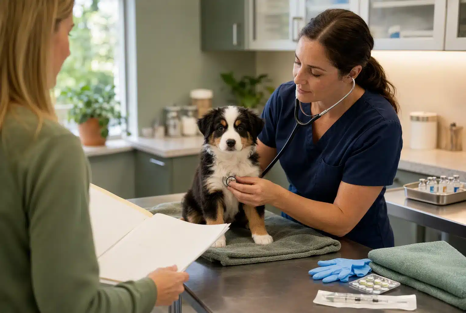 Veterinarian listening to puppy heartbeat with breeder reviewing medical folder