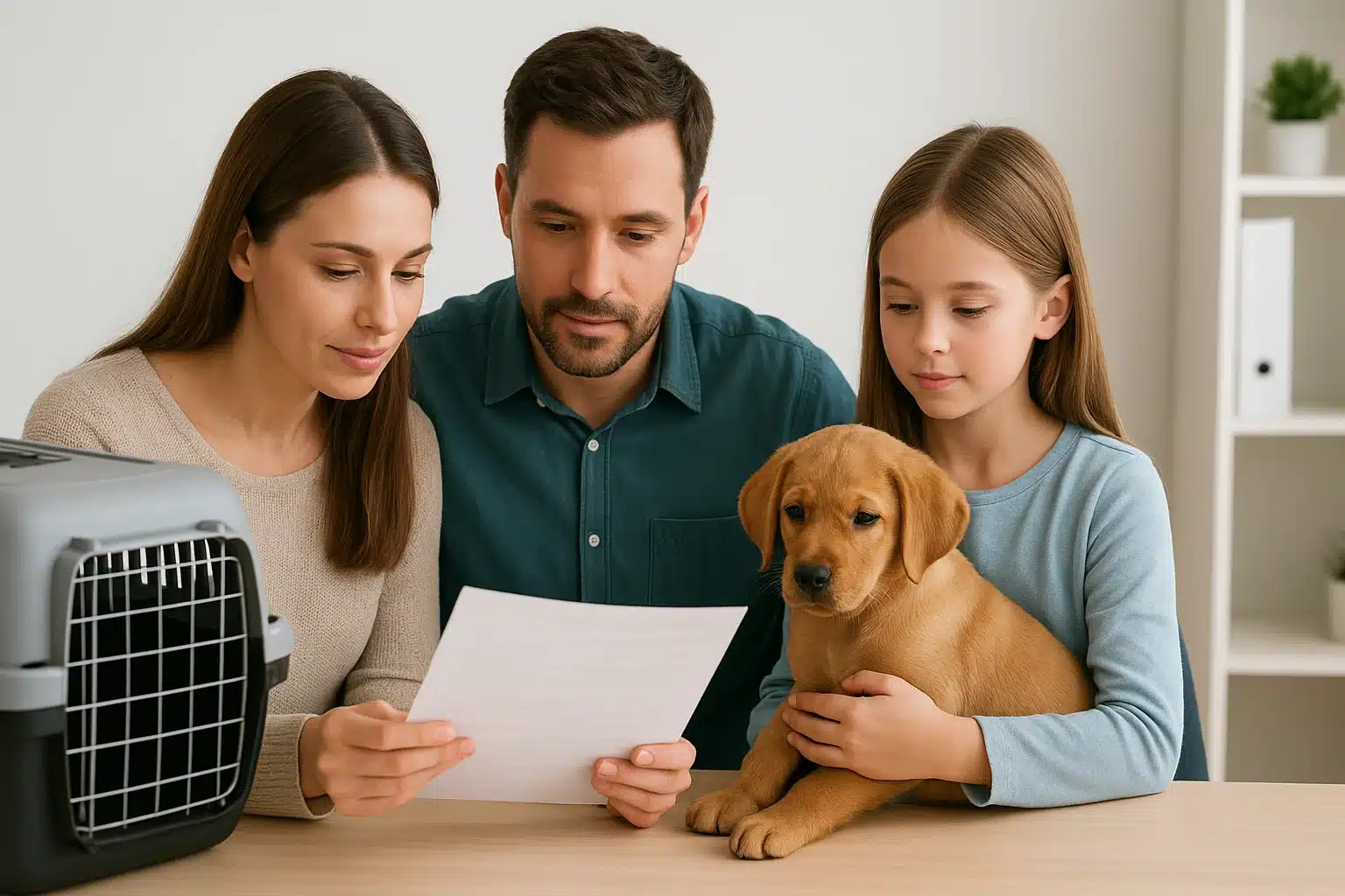 Georgia family reviewing rabies vaccination paperwork near puppy carrier