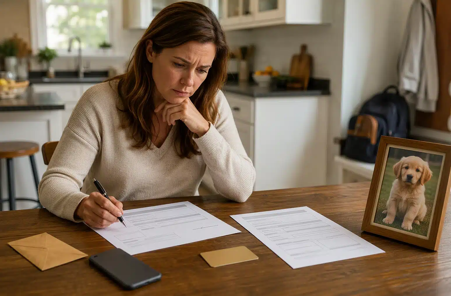 Parent reviewing suspicious puppy payment details at home