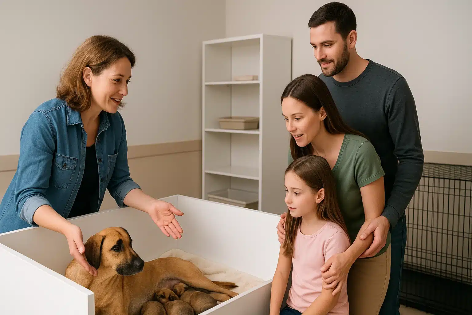 Breeder showing mother dog in clean puppy nursery