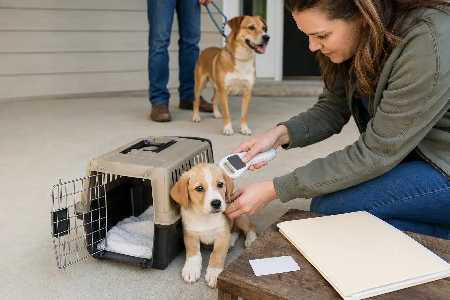Verifying microchip details beside puppy carrier