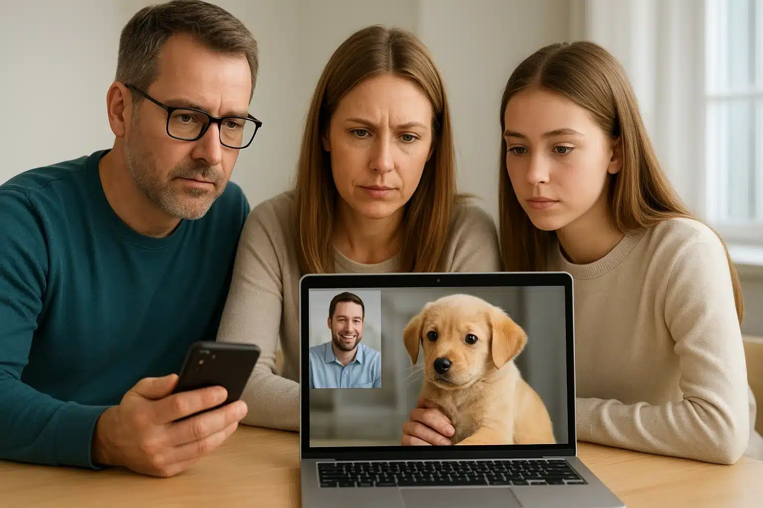 Family video calling with a puppy for sale in Indiana, looking for red flags in online puppy sale listings.