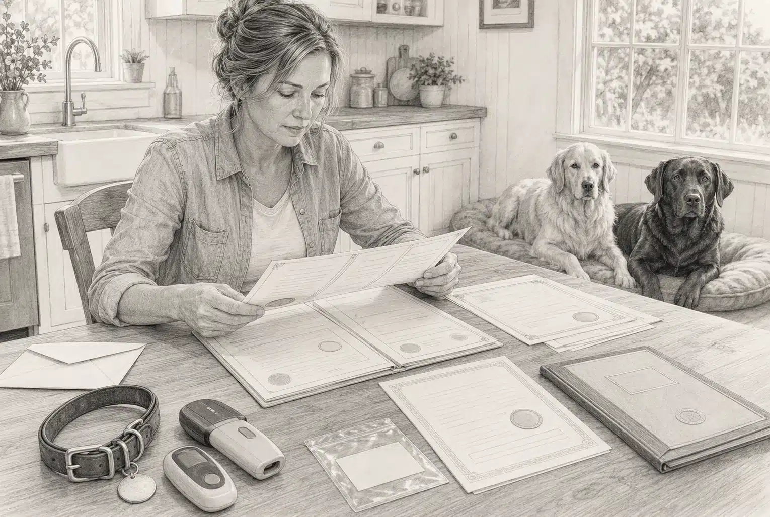 Breeder reviewing parent health records and microchip documents