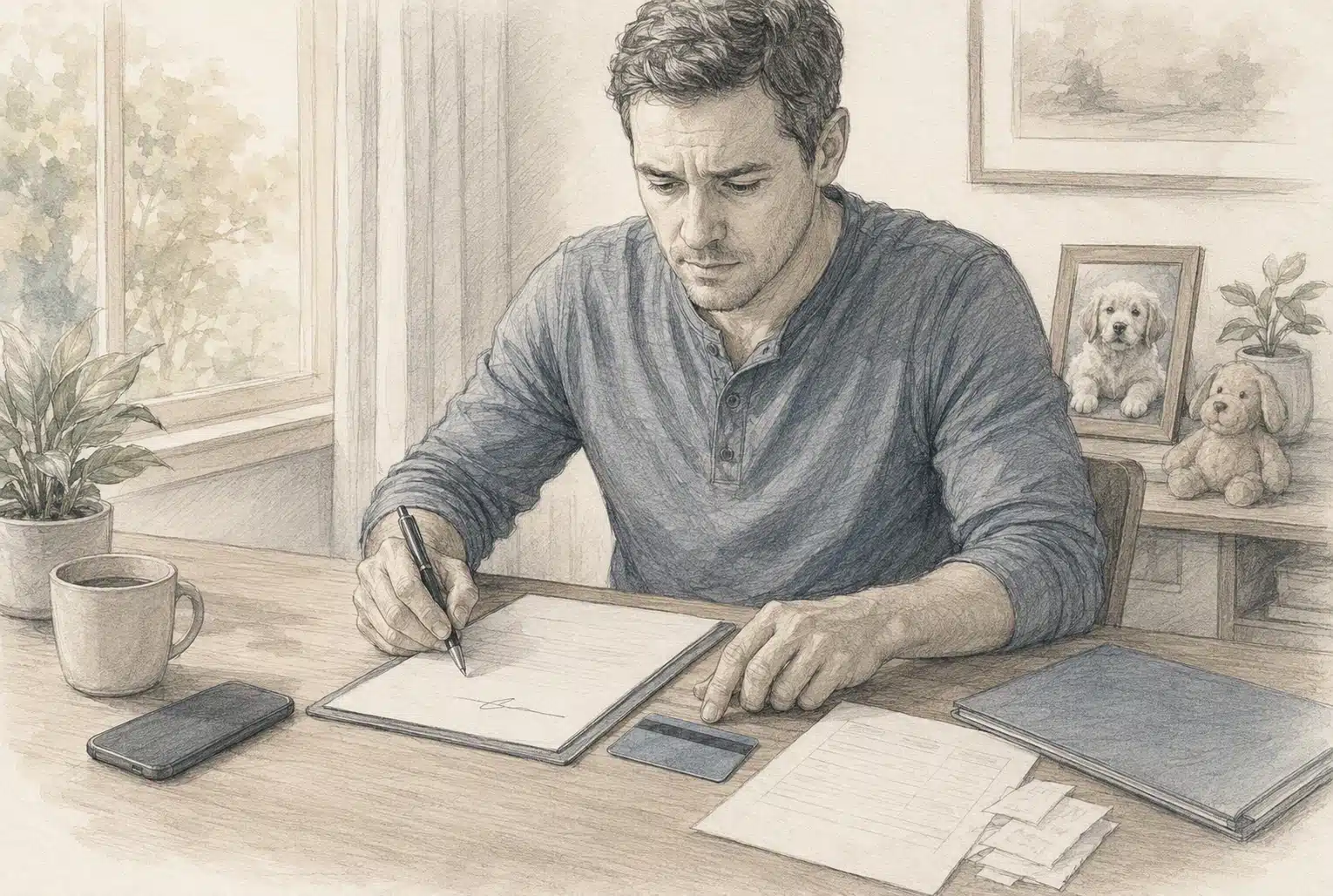 Parent reviewing invoice credit card agreement deposit paperwork