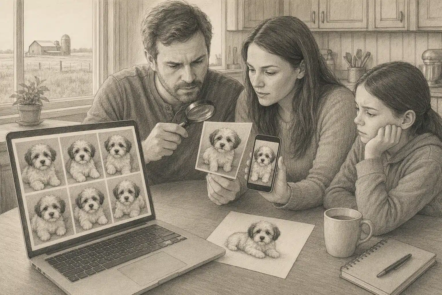A woman examines a Havanese puppy listing on a laptop while reviewing photos on a tablet