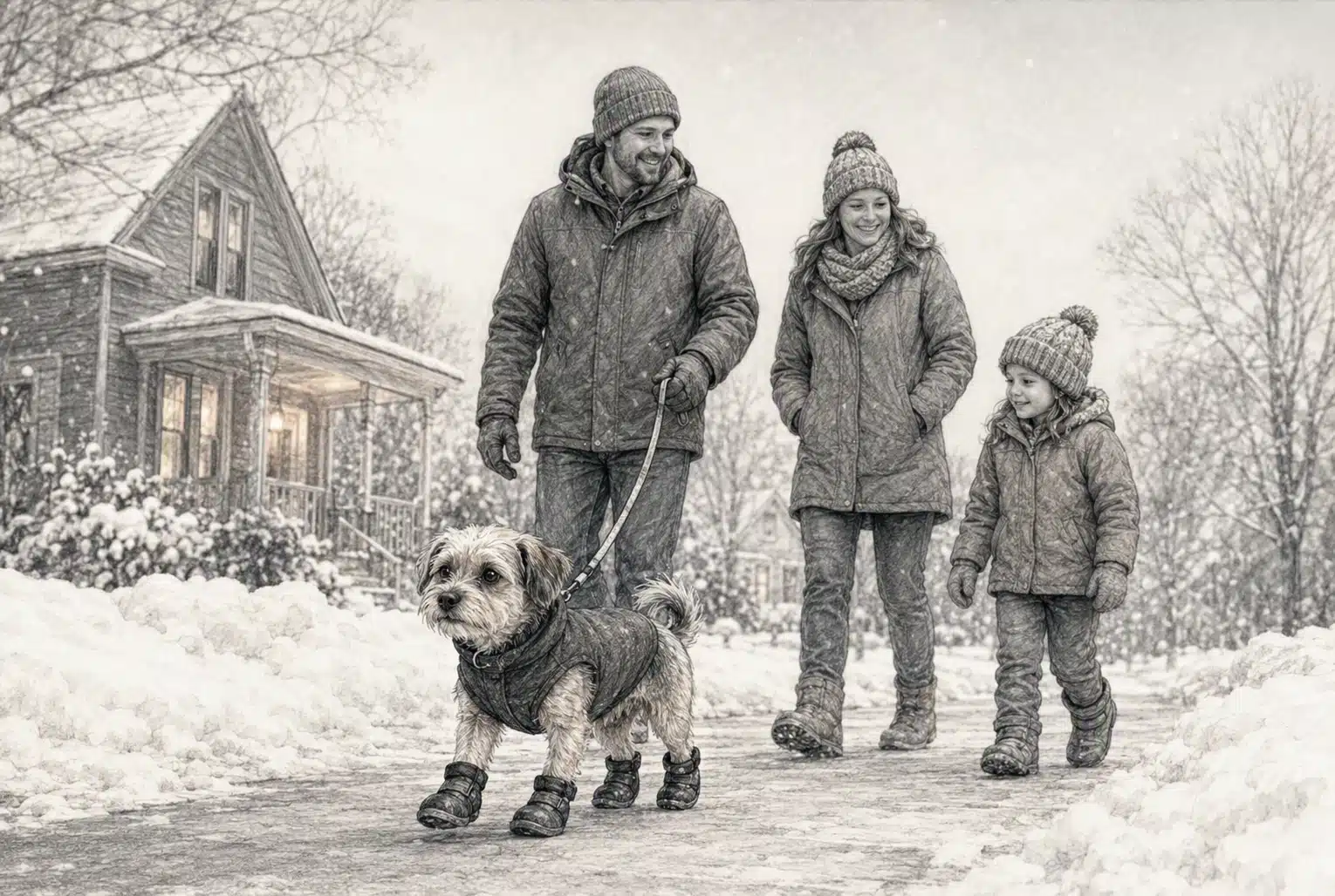 Small dog in booties walks beside family on snowy Maine sidewalk