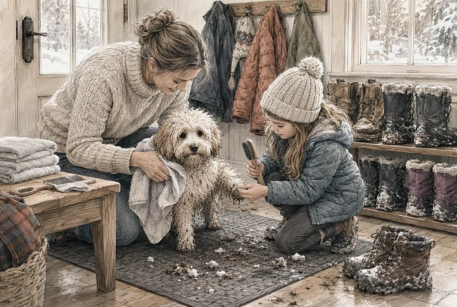 Family drying a curly-coated puppy beside mudroom boot rack
