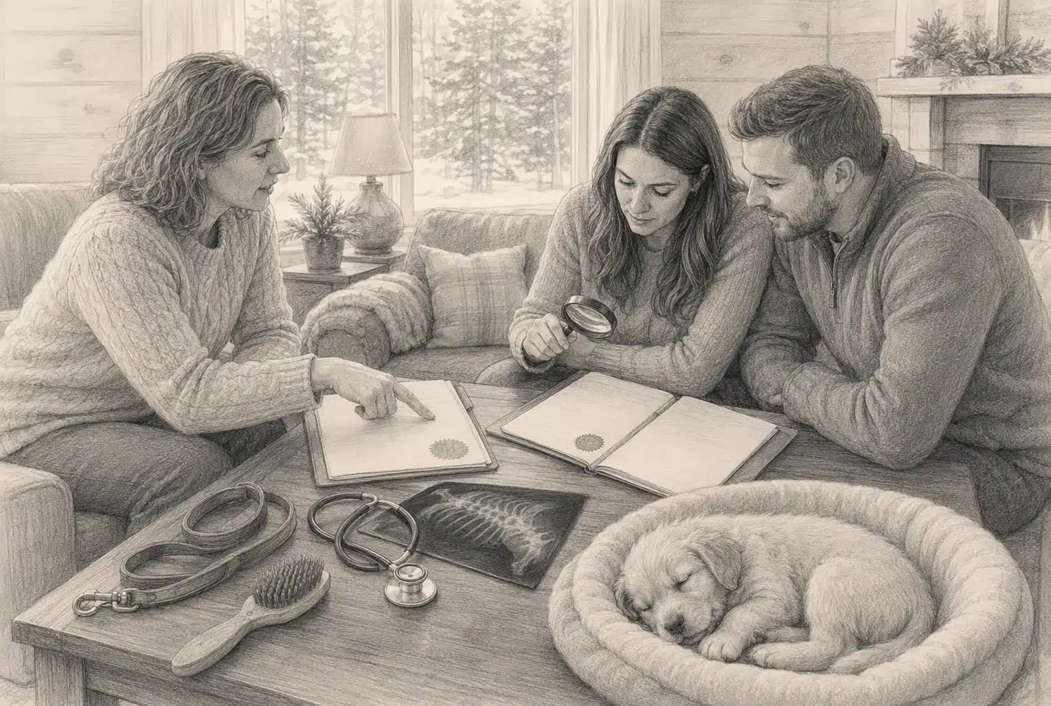 Breeder and family reviewing parent health records with puppy