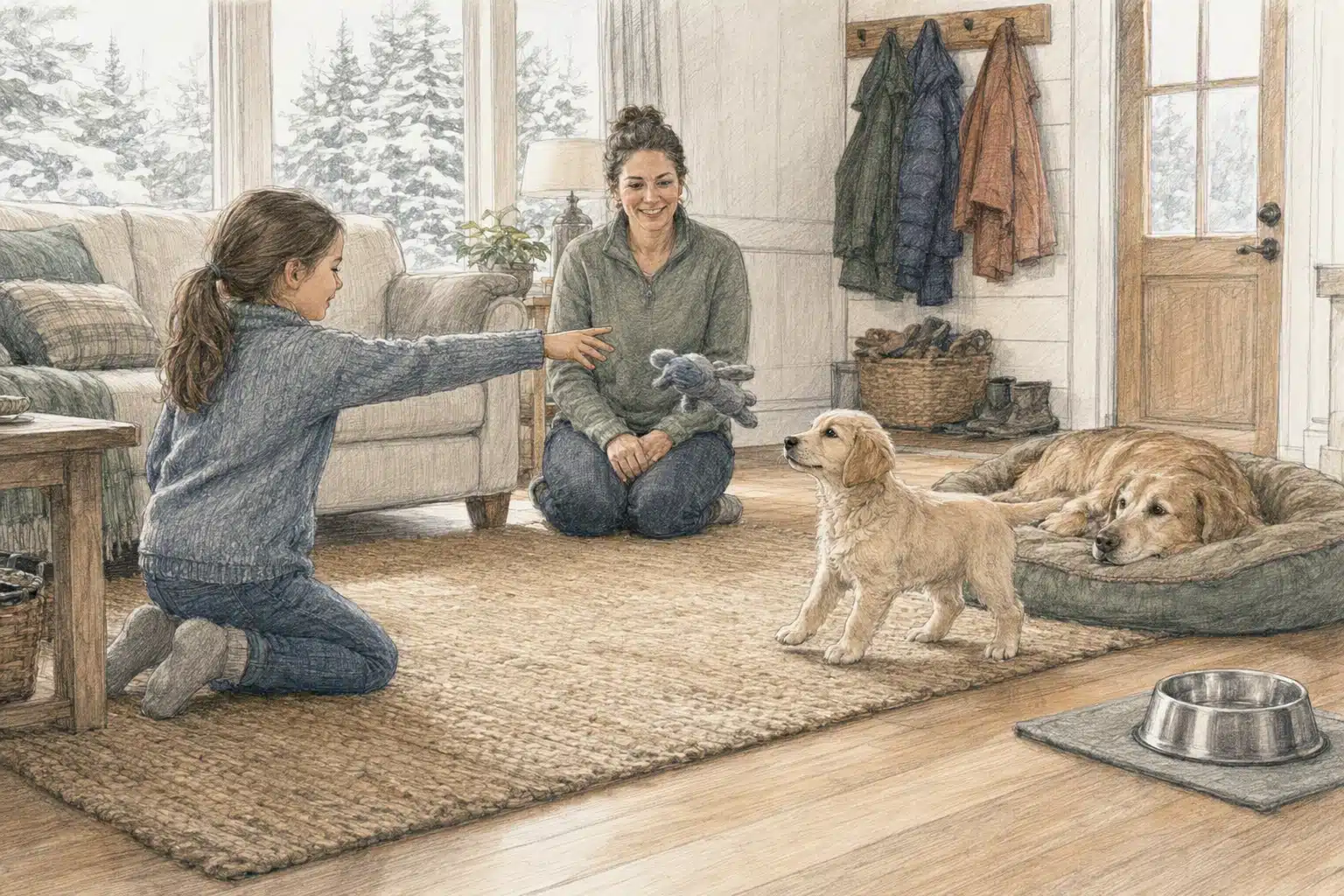 Child tosses toy to puppy in family-friendly Maine living room