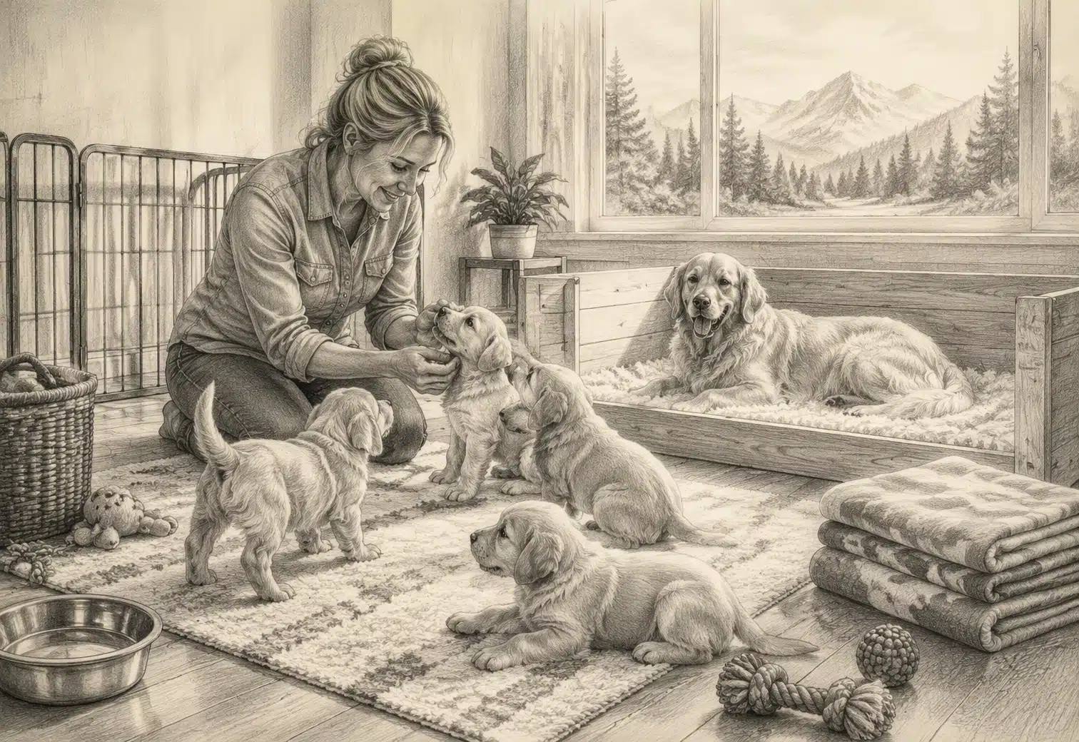 Breeder inspects healthy puppies in sunlit nursery