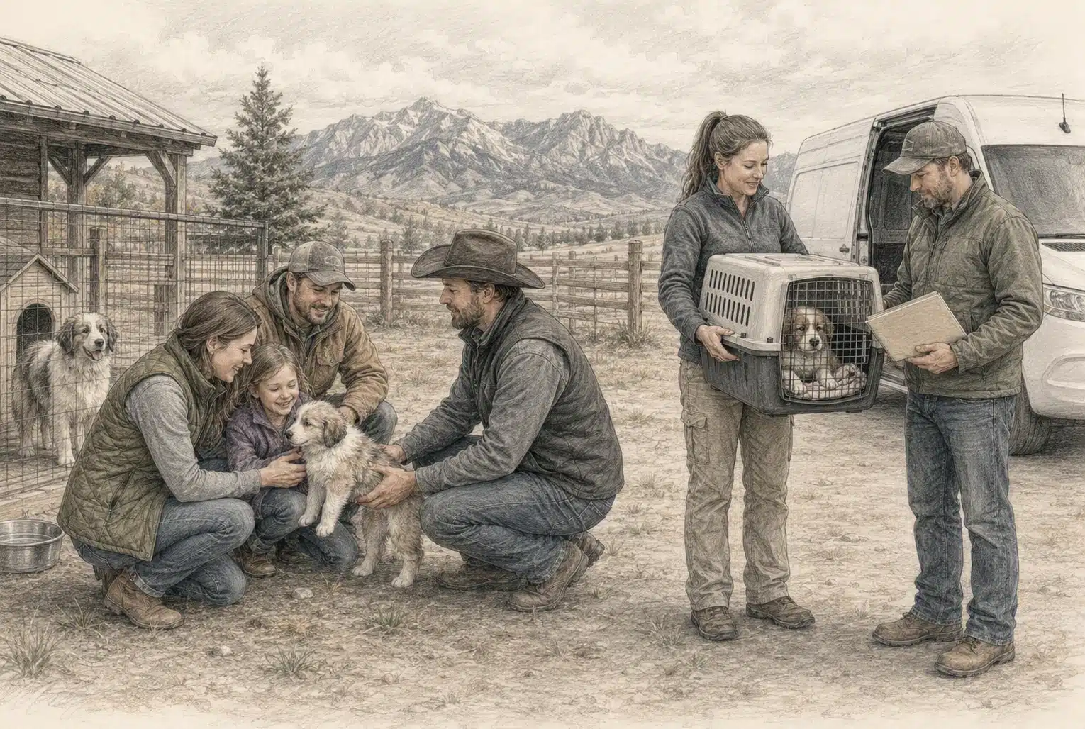 Family reviewing breeder visit and delivery paperwork