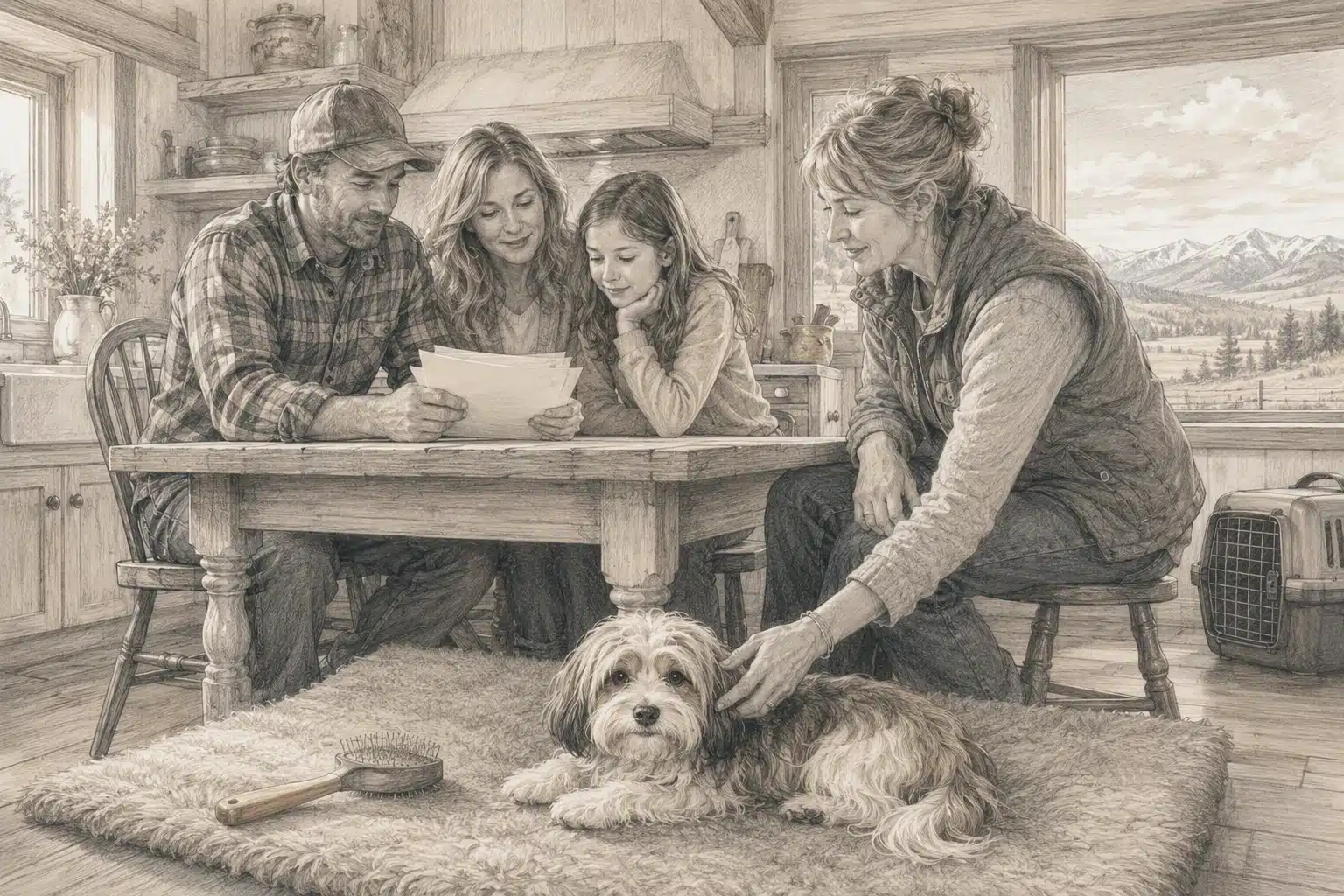 Family reviews puppy temperament notes beside a relaxed Havanese