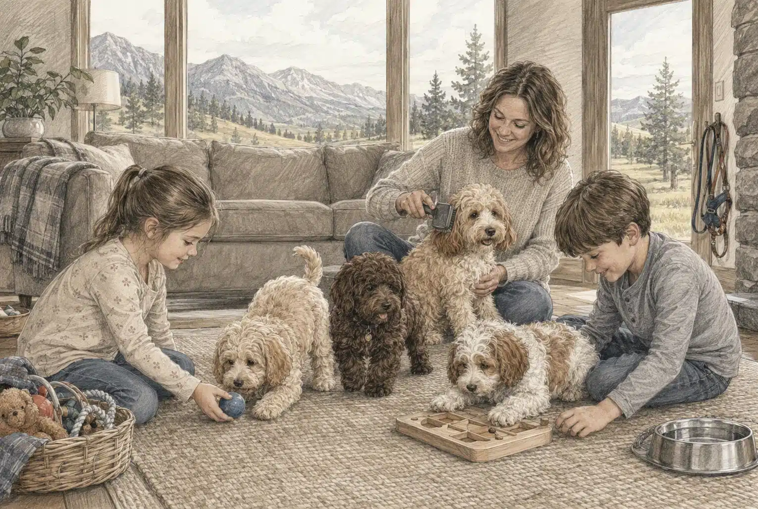 Havapoo puppies playing with children by Montana windows