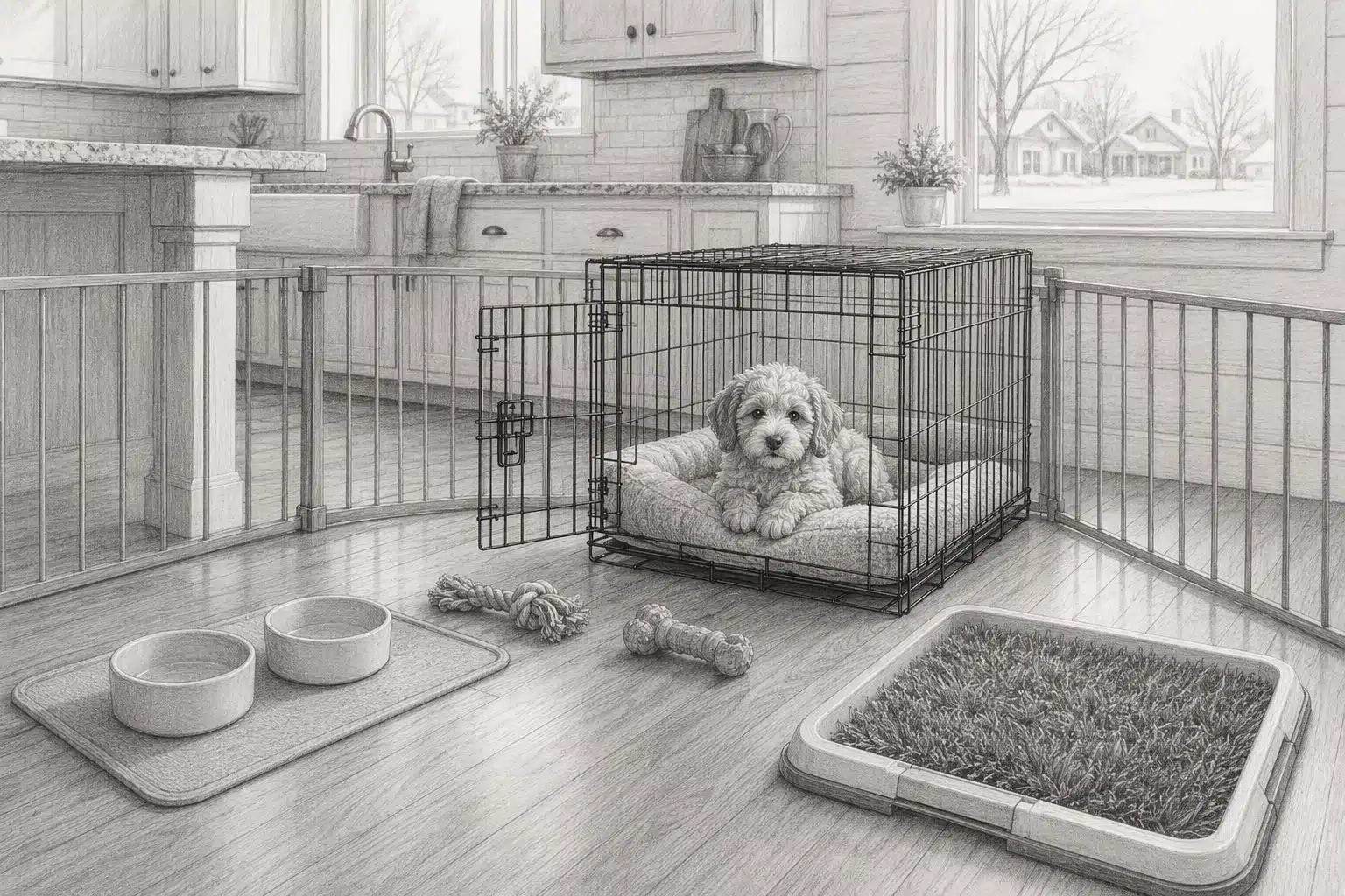 Grayscale drawing of a small curly-coated puppy resting in an open wire crate in a gated kitchen, with bowls, toys and a grass-style toilet tray.
