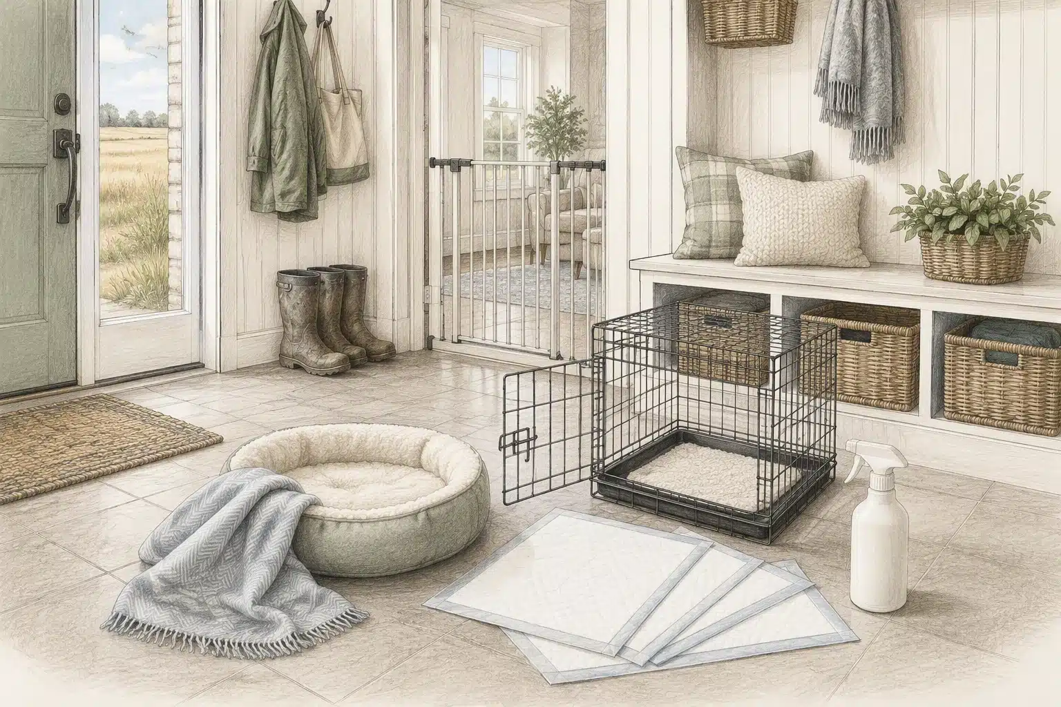 Puppy carrier beside washable bed and enzyme cleaner in mudroom