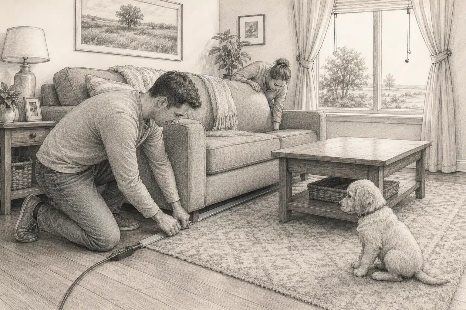 Family tucking cords under sofa with curious puppy nearby