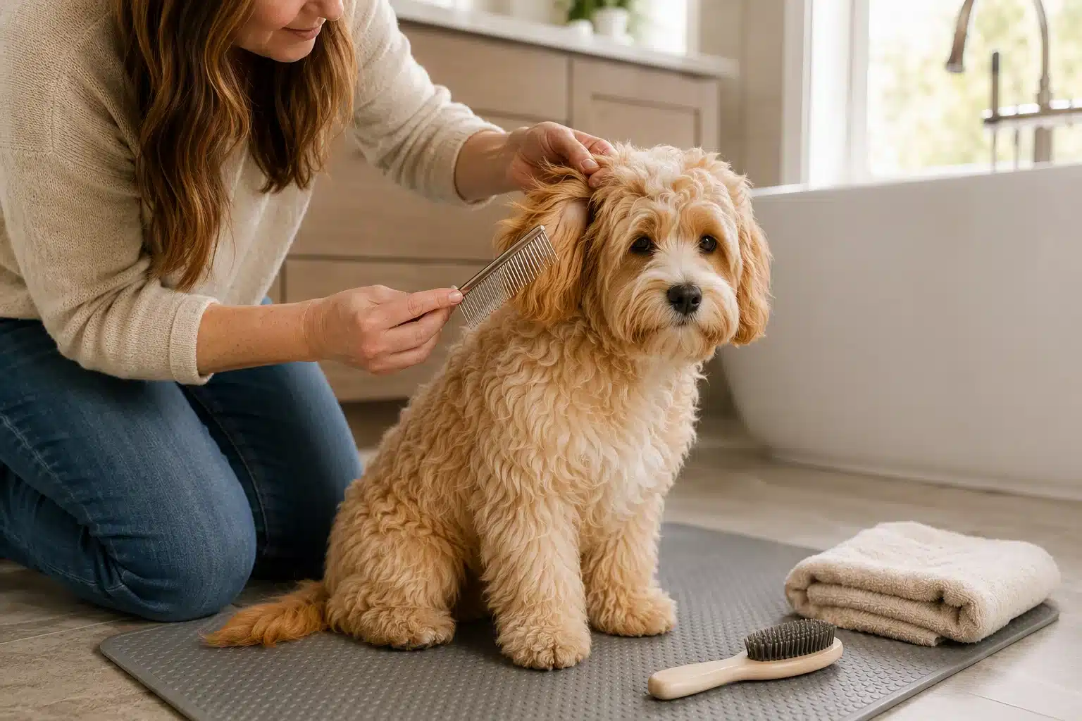 Grooming a Cavapoo to demonstrate coat care differences