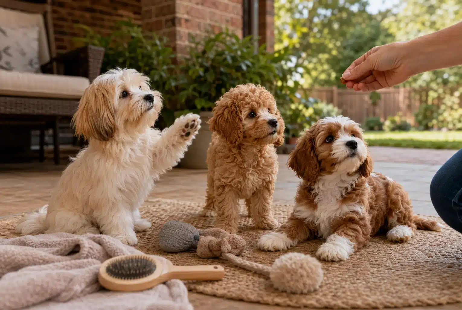Havanese Havapoo Cavapoo puppies playing on Oklahoma patio